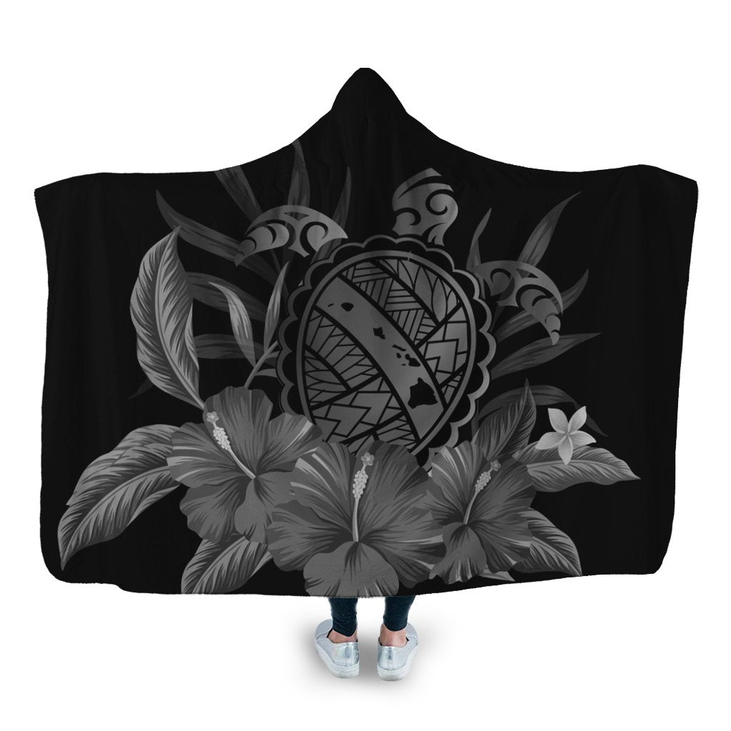 Hawaiian Map Turtle Hibiscus Polynesian Hooded Blanket - White - AH Hooded Blanket White - Polynesian Pride