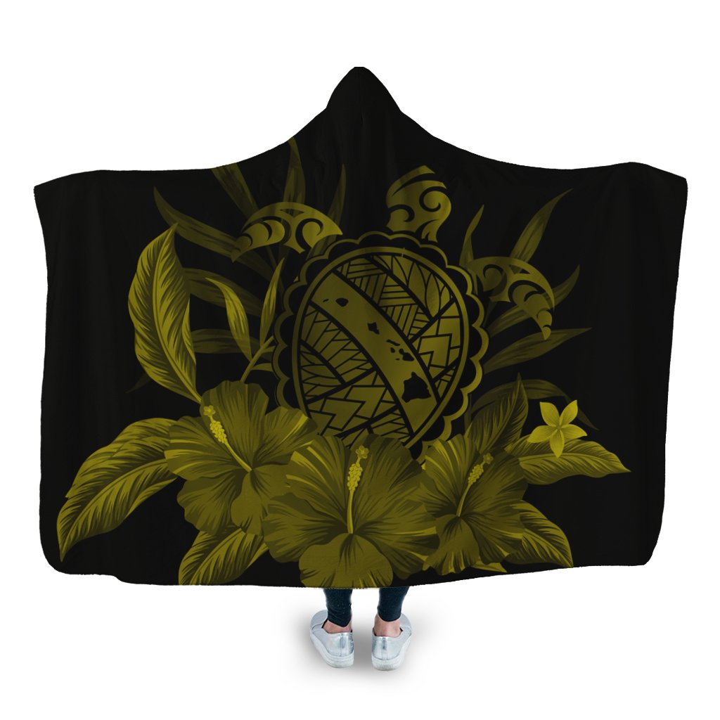 Hawaiian Map Turtle Hibiscus Polynesian Hooded Blanket - Yellow - AH Hooded Blanket White - Polynesian Pride