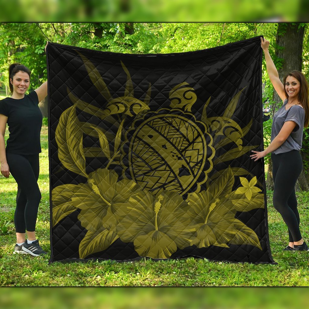 Hawaiian Map Turtle Hibiscus Polynesian Premium Quilts - Yellow - AH Black - Polynesian Pride