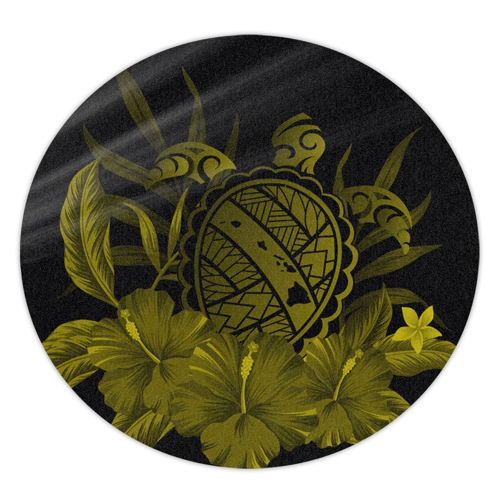 Hawaiian Map Turtle Hibiscus Polynesian Round Carpet - Yellow - AH Round Carpet Luxurious Plush - Polynesian Pride