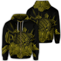 Hawaiian Map Turtle Hibiscus Polynesian Zip Hoodie Yellow Unisex Art - Polynesian Pride