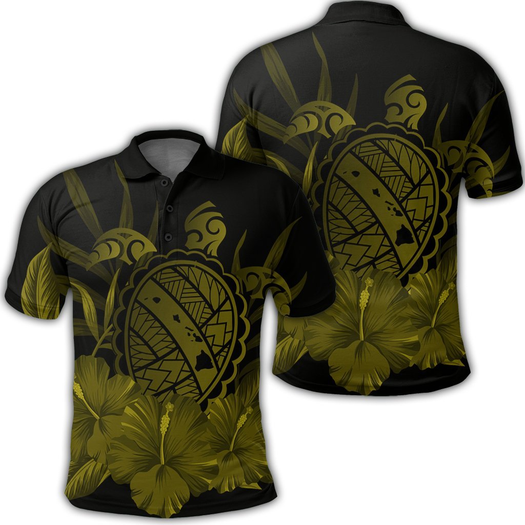 Hawaiian Map Turtle Hibiscus Polynesian Polo Shirt Yellow Unisex Black - Polynesian Pride