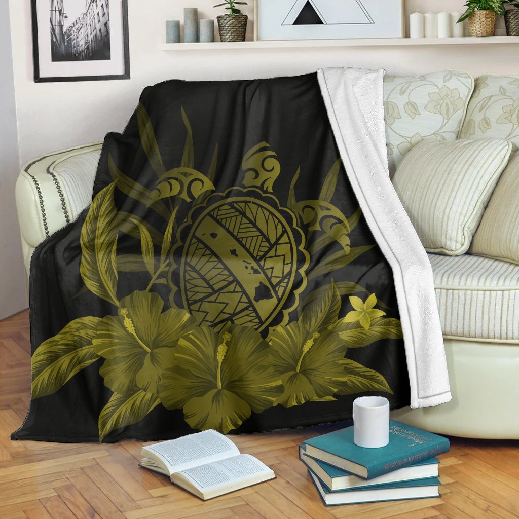 Hawaiian Map Turtle Hibiscus Polynesian Premium Blankets - Yellow - AH White - Polynesian Pride