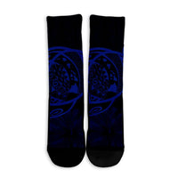 Hawaiian Map Turtle Kanaka Hibiscus Polynesian Crew Socks - Blue - AH - Polynesian Pride