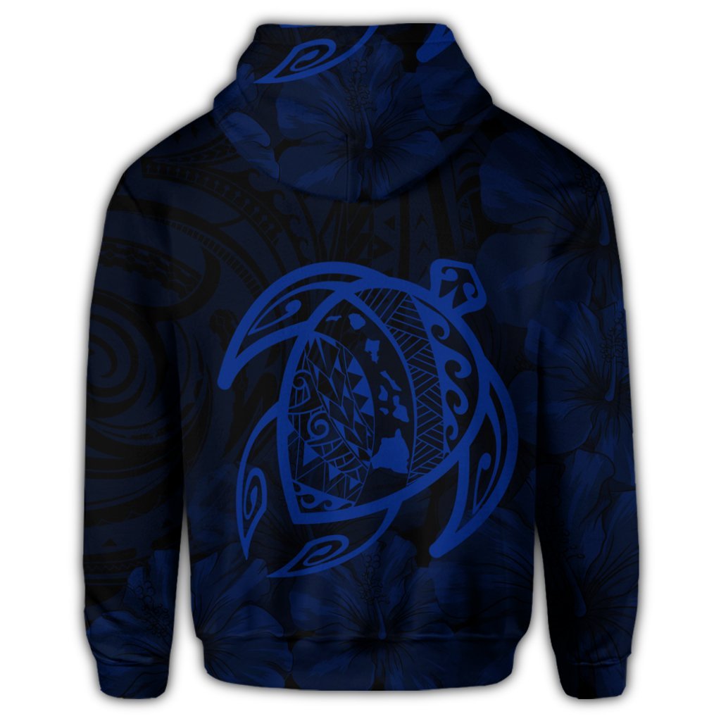 Hawaiian Map Turtle Kanaka Hibiscus Polynesian Zip Hoodie Blue - Polynesian Pride