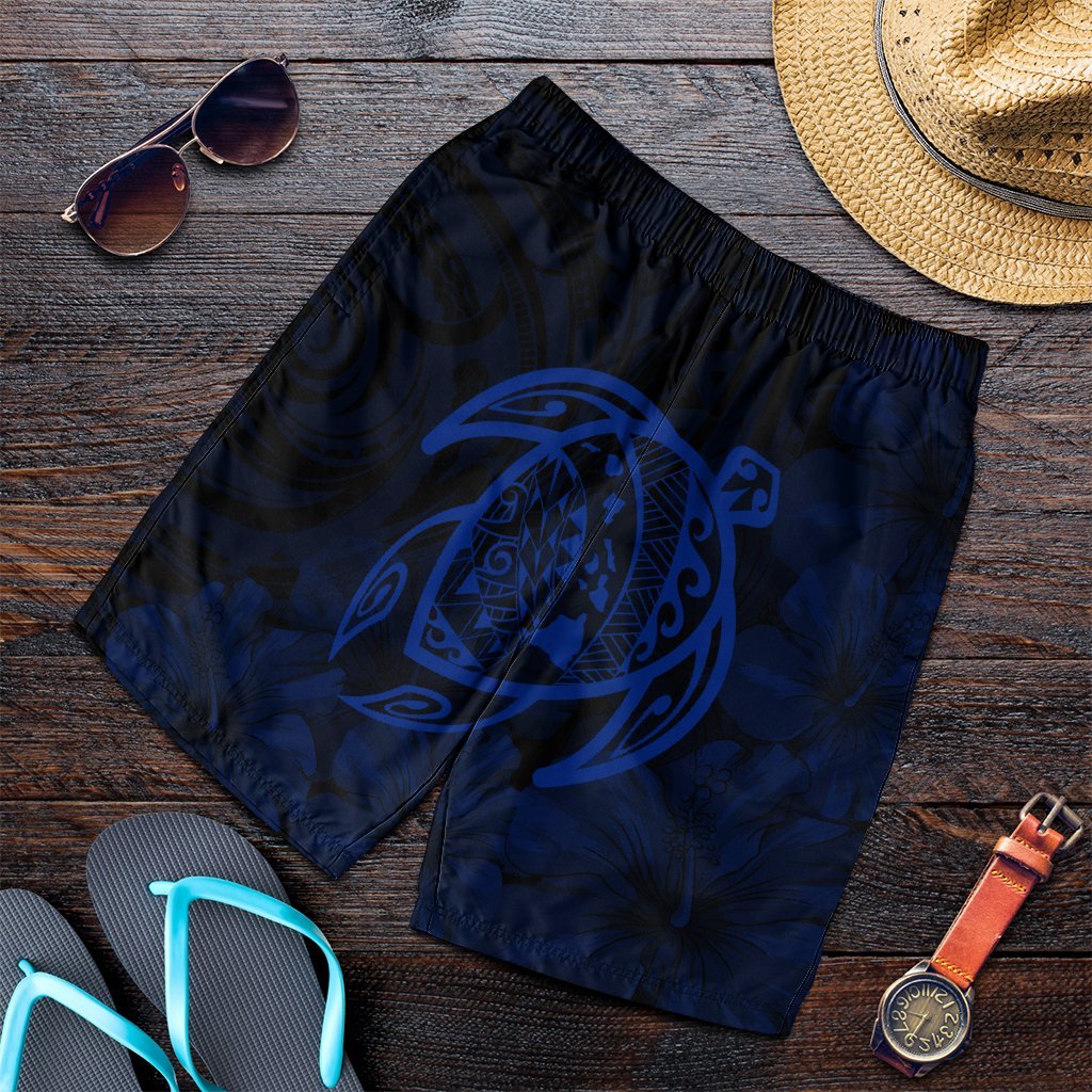 Hawaiian Map Turtle Kanaka Hibiscus Polynesian Men's Shorts - Blue - AH Art - Polynesian Pride