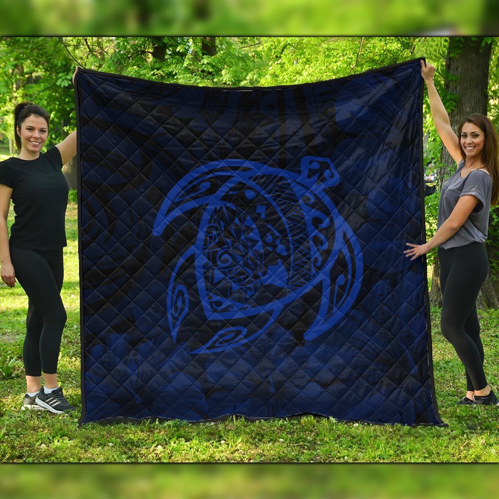 Hawaiian Map Turtle Kanaka Hibiscus Polynesian Premium Quilts - Blue - AH Black - Polynesian Pride