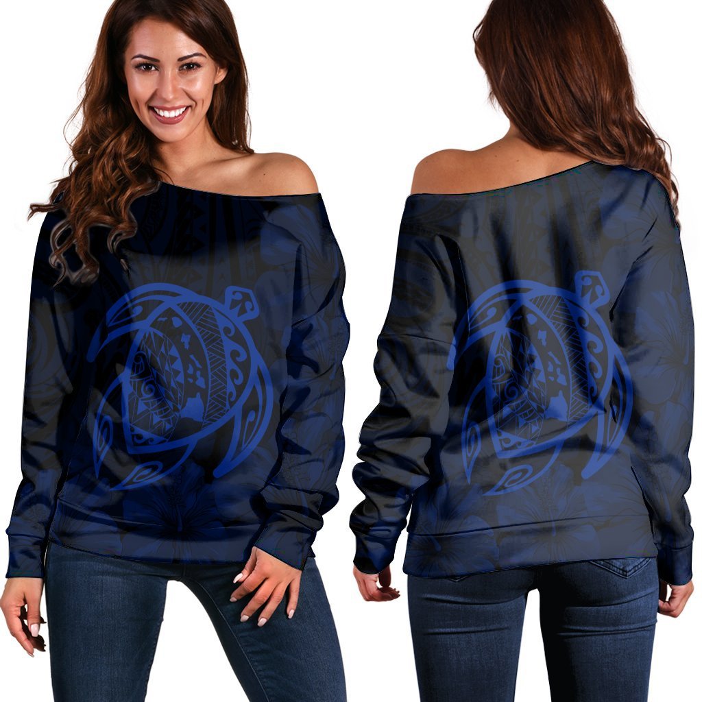 Hawaiian Map Turtle Kanaka Hibiscus Polynesian Women's Off Shoulder Sweater - Blue - AH Black - Polynesian Pride