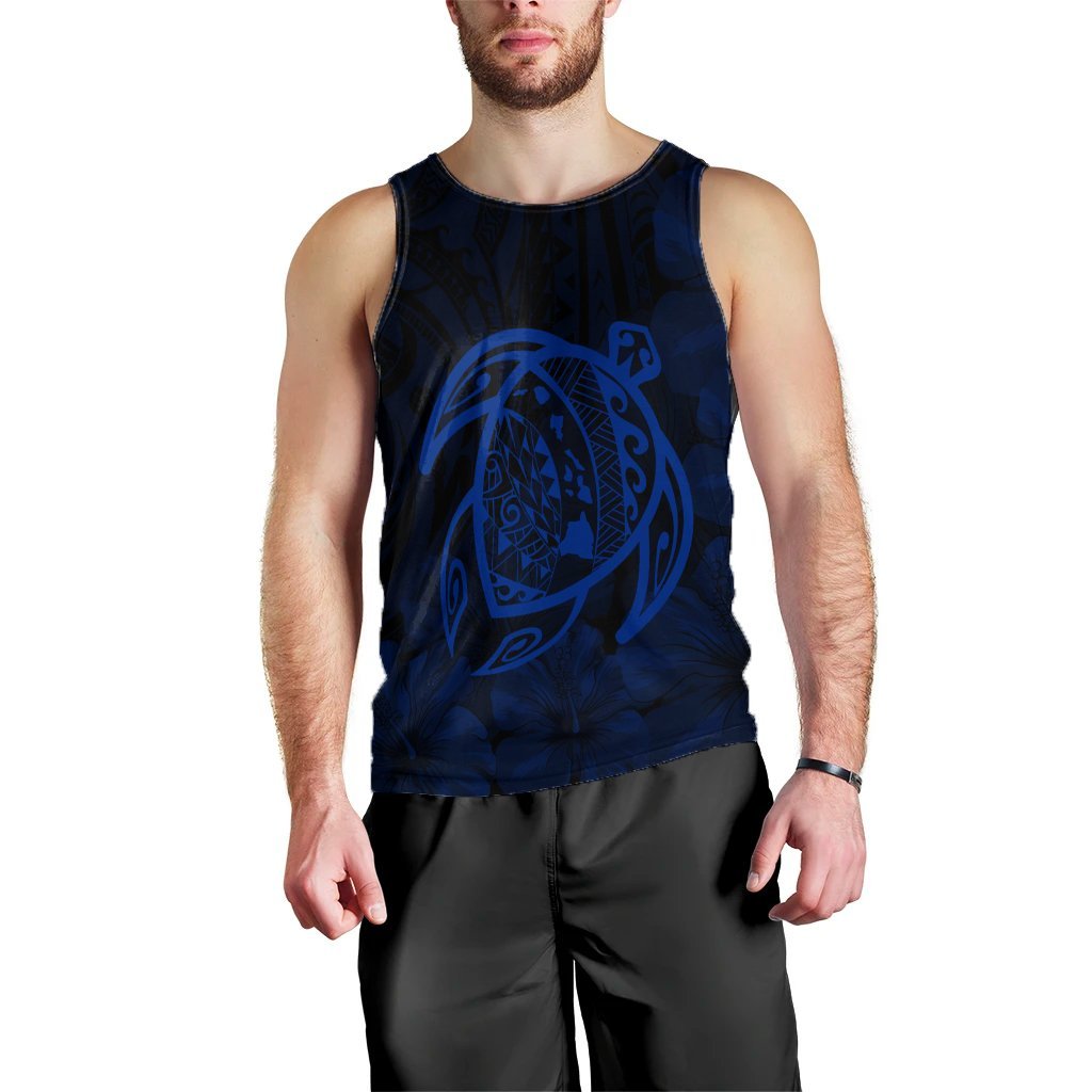 Hawaiian Map Turtle Kanaka Hibiscus Polynesian Tank Top - Blue - AH Black - Polynesian Pride