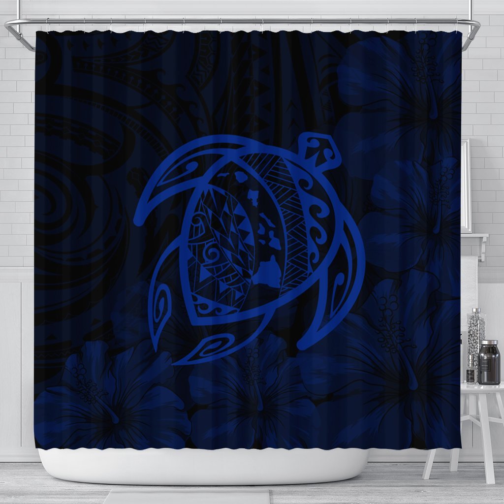 Hawaiian Map Turtle Kanaka Hibiscus Polynesian Shower Curtain - Blue - AH 177 x 172 (cm) Black - Polynesian Pride