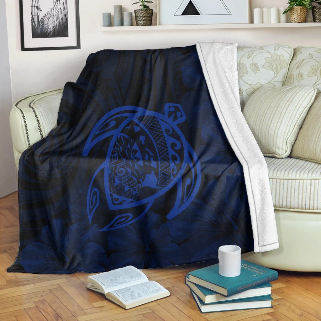 Hawaiian Map Turtle Kanaka Hibiscus Polynesian Premium Blankets - Blue - AH White - Polynesian Pride