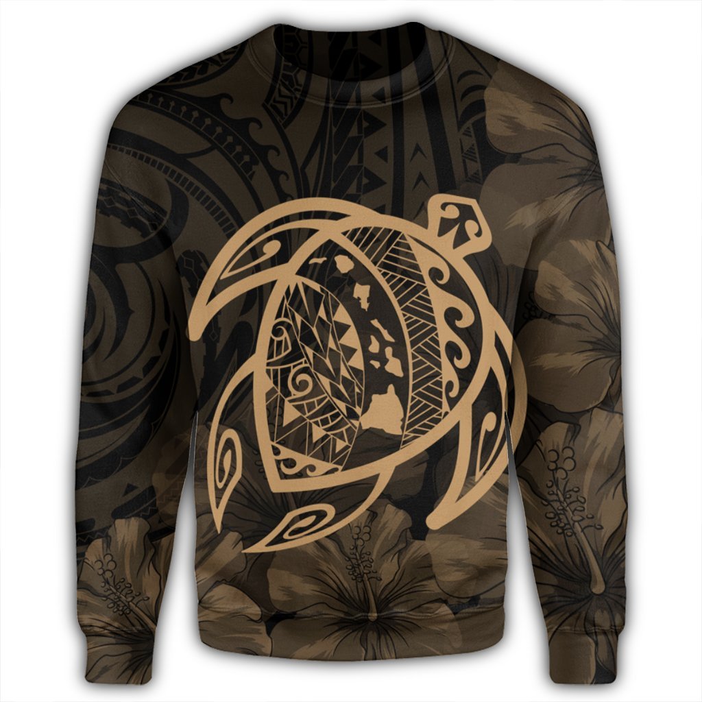 Hawaiian Map Turtle Kanaka Hibiscus Polynesian Sweatshirt - Gold - AH - Polynesian Pride