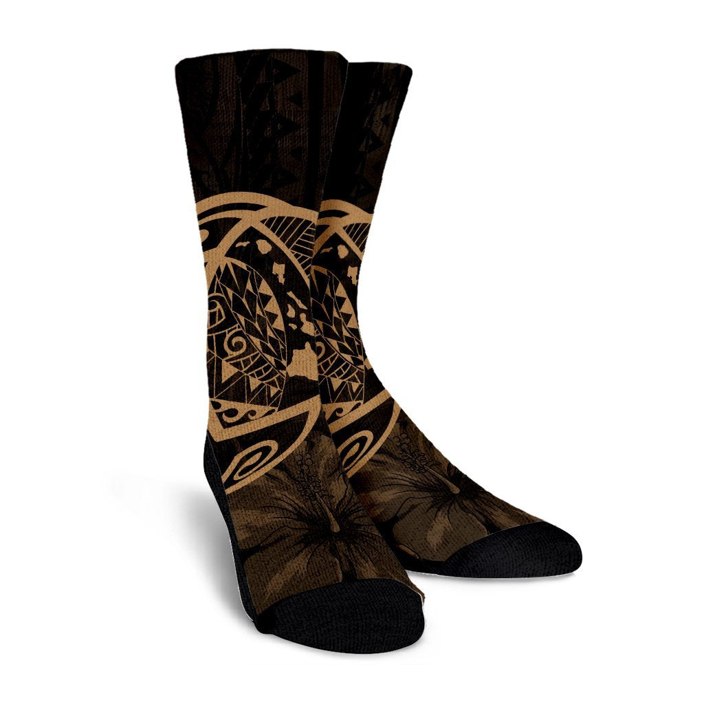 Hawaiian Map Turtle Kanaka Hibiscus Polynesian Crew Socks - Gold - AH - Polynesian Pride