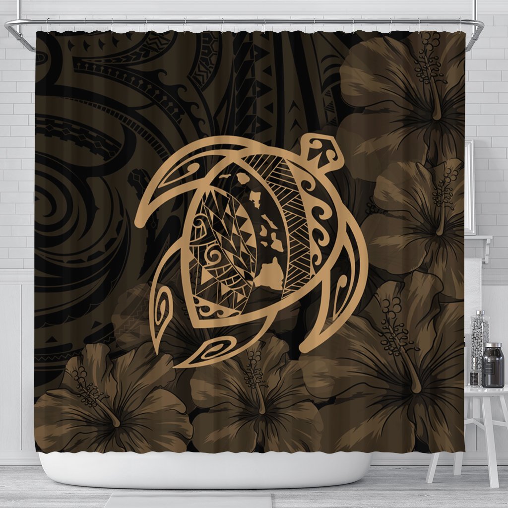 Hawaiian Map Turtle Kanaka Hibiscus Polynesian Shower Curtain - Gold - AH 177 x 172 (cm) Black - Polynesian Pride