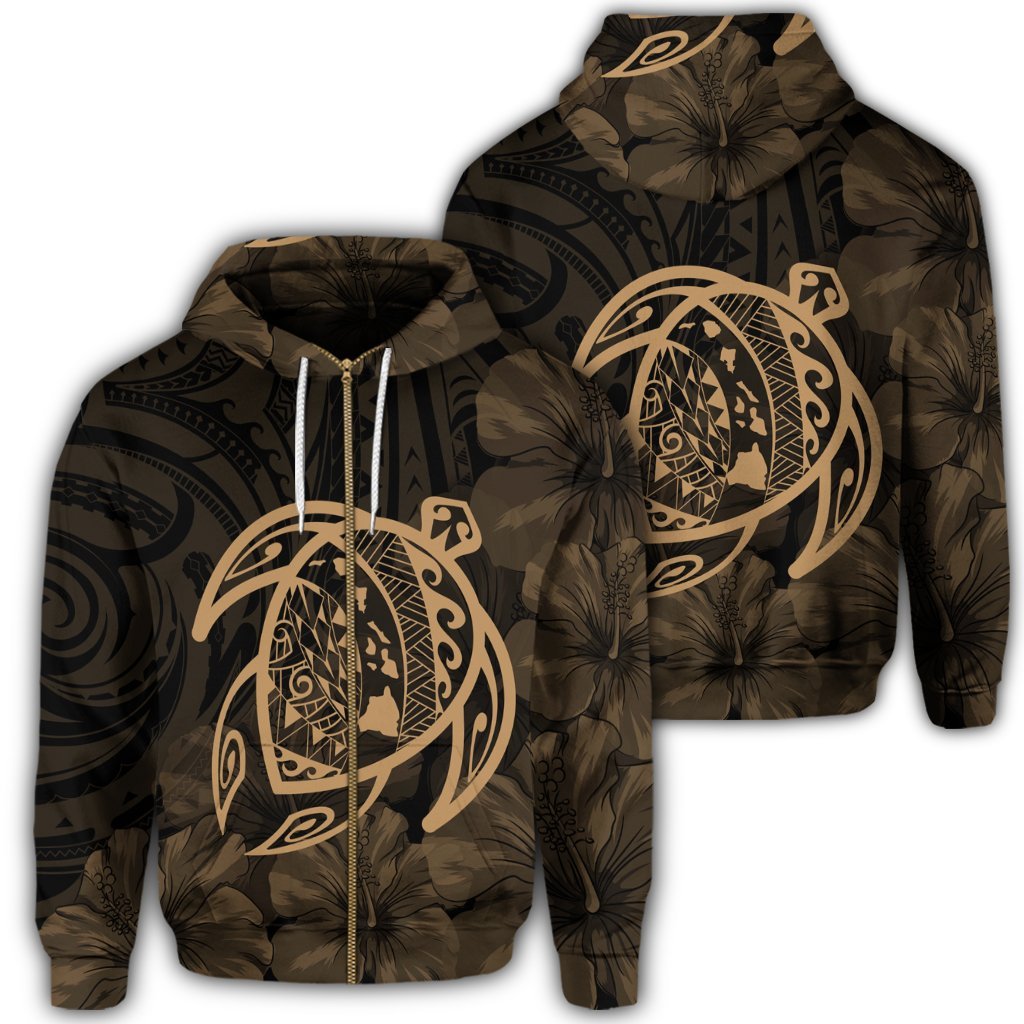 Hawaiian Map Turtle Kanaka Hibiscus Polynesian Zip Hoodie Gold Unisex Art - Polynesian Pride