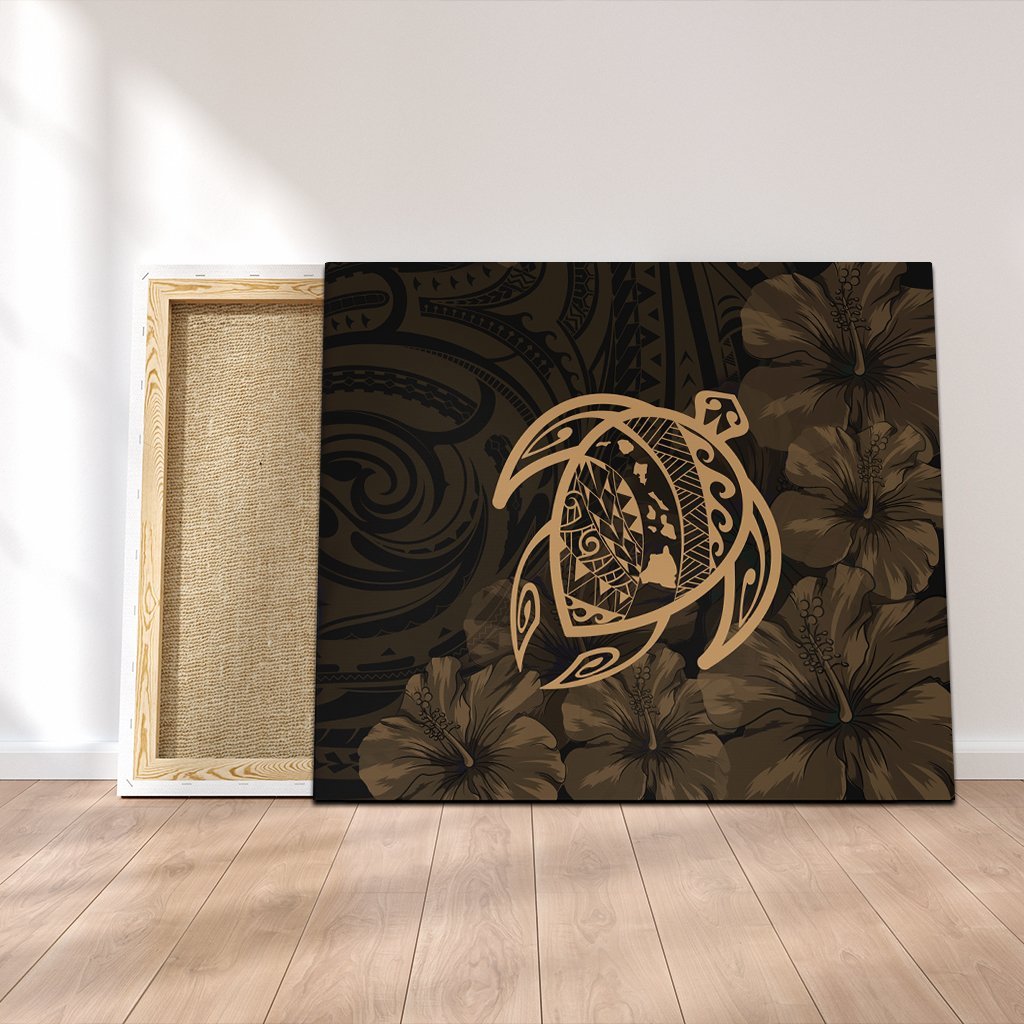 Hawaiian Map Turtle Kanaka Hibiscus Polynesian Canvas - Gold - AH Canvas Poly-cotton - Polynesian Pride