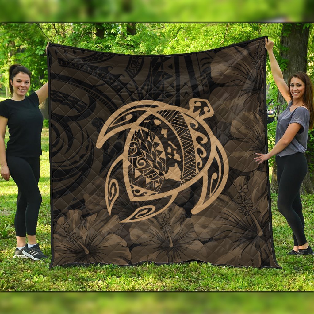 Hawaiian Map Turtle Kanaka Hibiscus Polynesian Premium Quilts - Gold - AH Black - Polynesian Pride