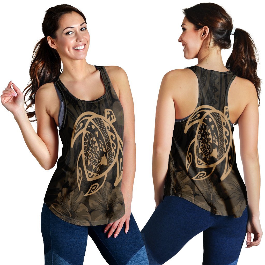 Hawaiian Map Turtle Kanaka Hibiscus Polynesian Racerback Tank - Gold - AH Black - Polynesian Pride
