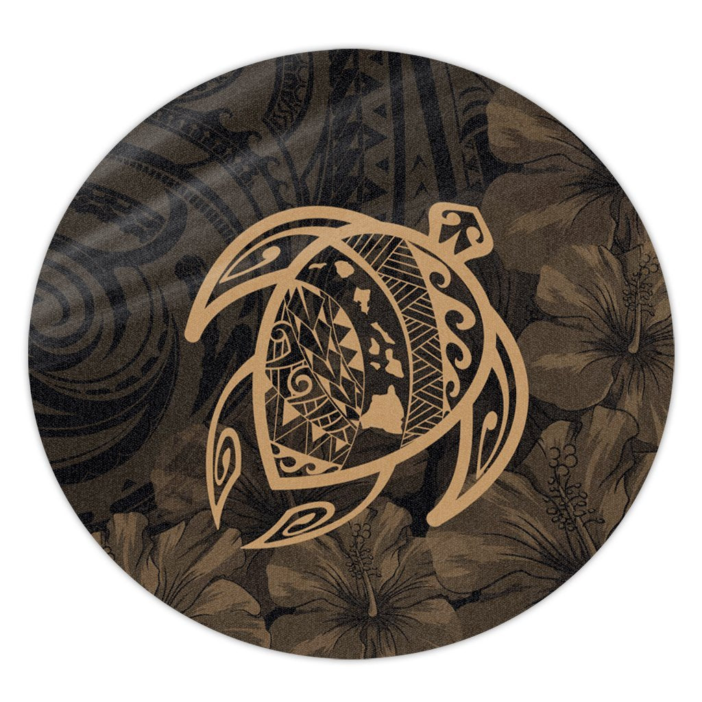 Hawaiian Map Turtle Kanaka Hibiscus Polynesian Round Carpet - Gold - AH Round Carpet Luxurious Plush - Polynesian Pride