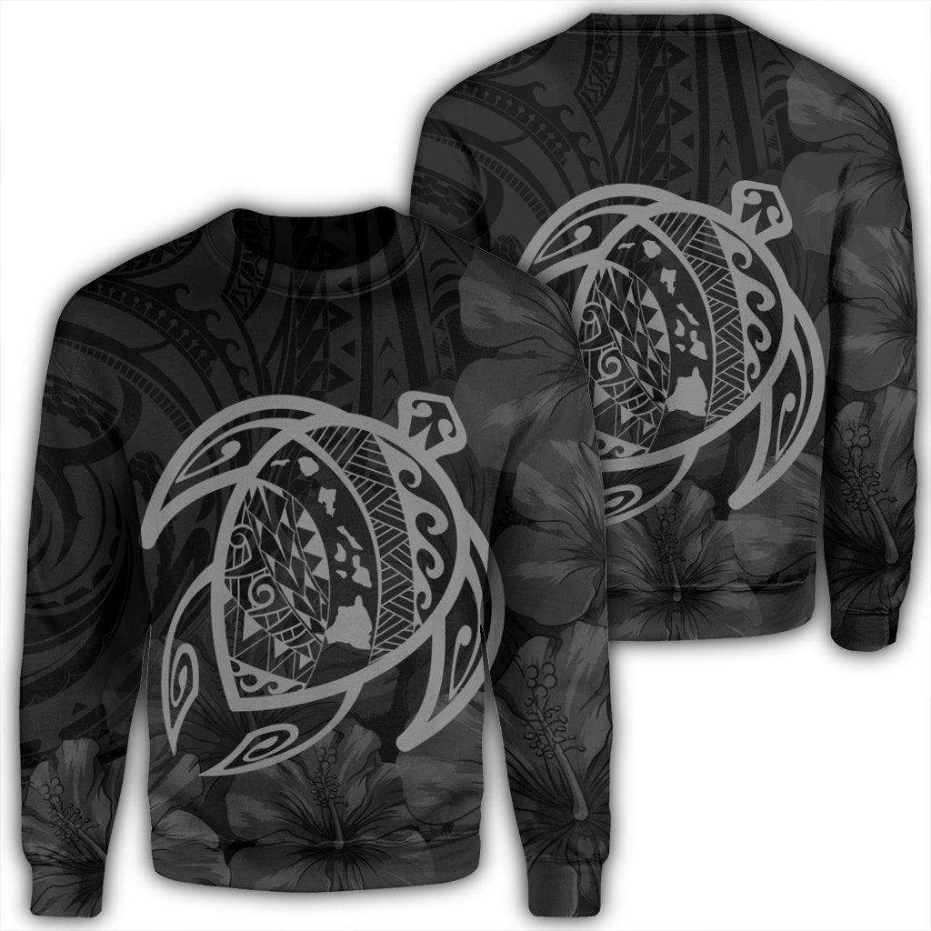 Hawaiian Map Turtle Kanaka Hibiscus Polynesian Sweatshirt - Gray - AH Unisex Black - Polynesian Pride