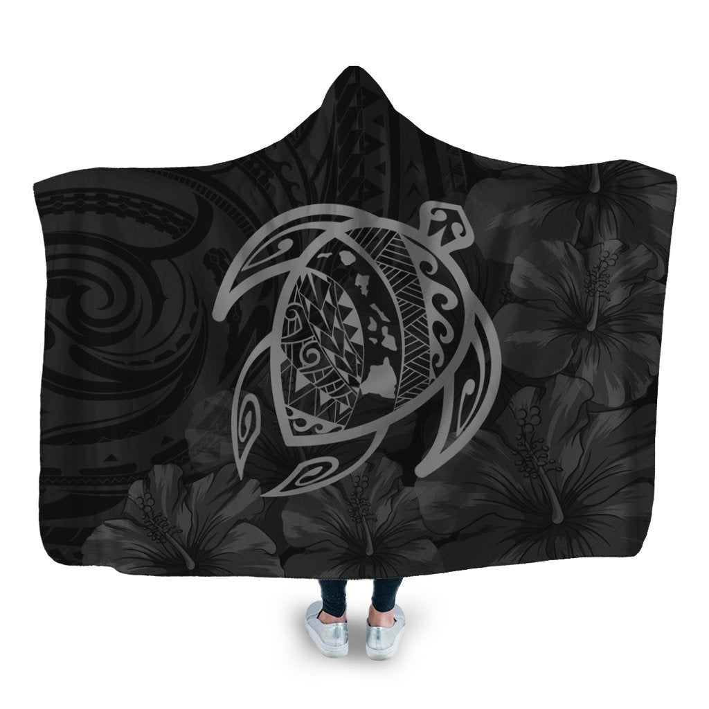 Hawaiian Map Turtle Kanaka Hibiscus Polynesian Hooded Blanket - Gray - AH Hooded Blanket White - Polynesian Pride