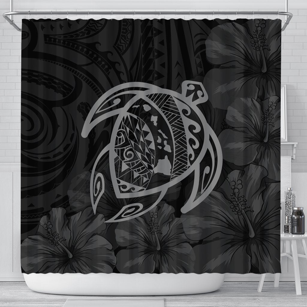 Hawaiian Map Turtle Kanaka Hibiscus Polynesian Shower Curtain - Gray - AH 177 x 172 (cm) Black - Polynesian Pride