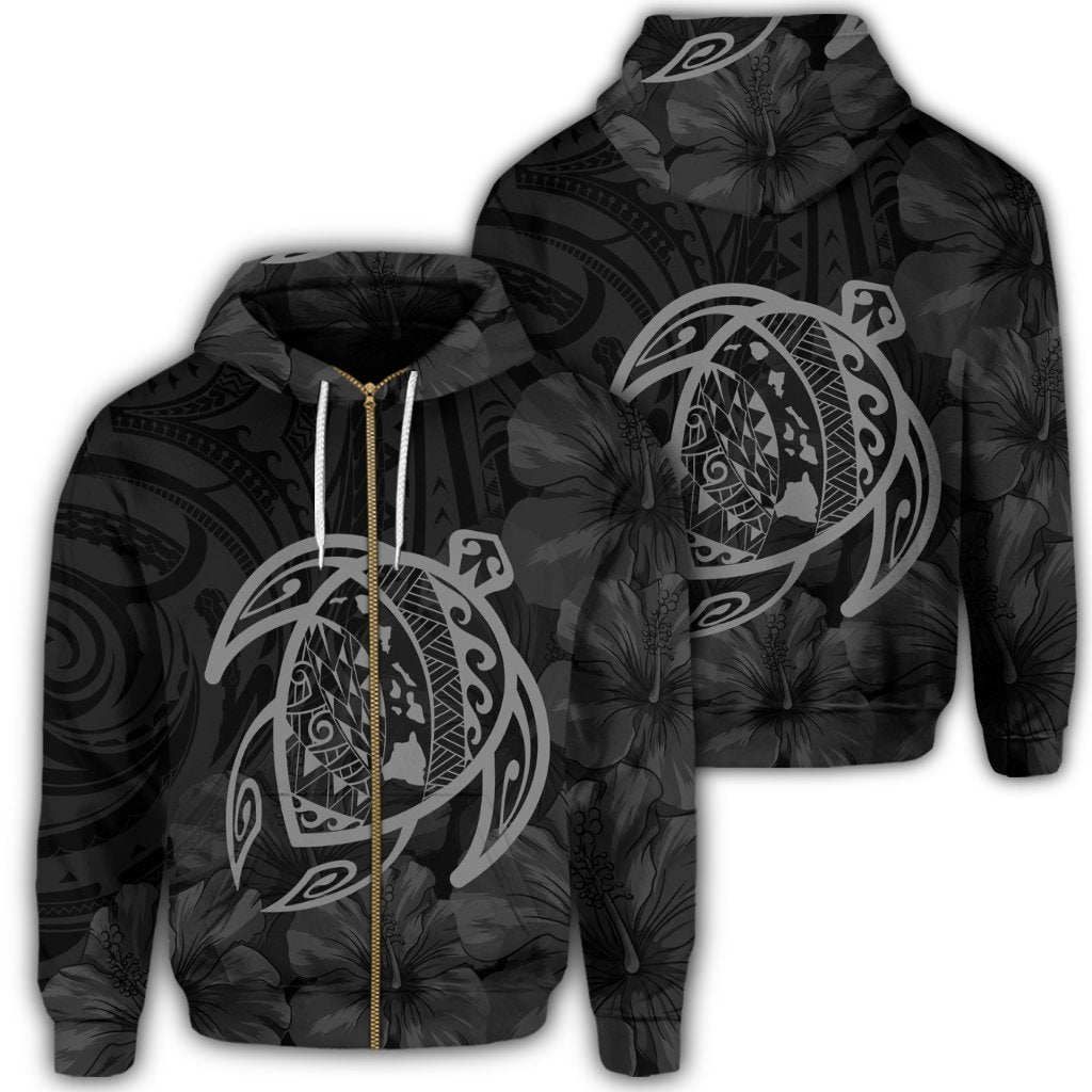 Hawaiian Map Turtle Kanaka Hibiscus Polynesian Zip Hoodie Gray Unisex Art - Polynesian Pride