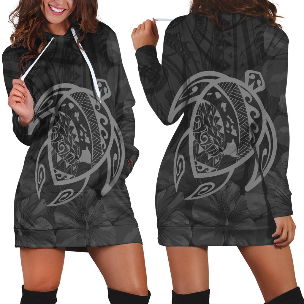 Hawaiian Map Turtle Kanaka Hibiscus Polynesian Hoodie Dress - Gray - AH Black - Polynesian Pride