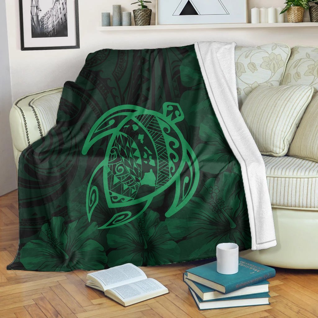 Hawaiian Map Turtle Kanaka Hibiscus Polynesian Premium Blankets - Green - AH White - Polynesian Pride