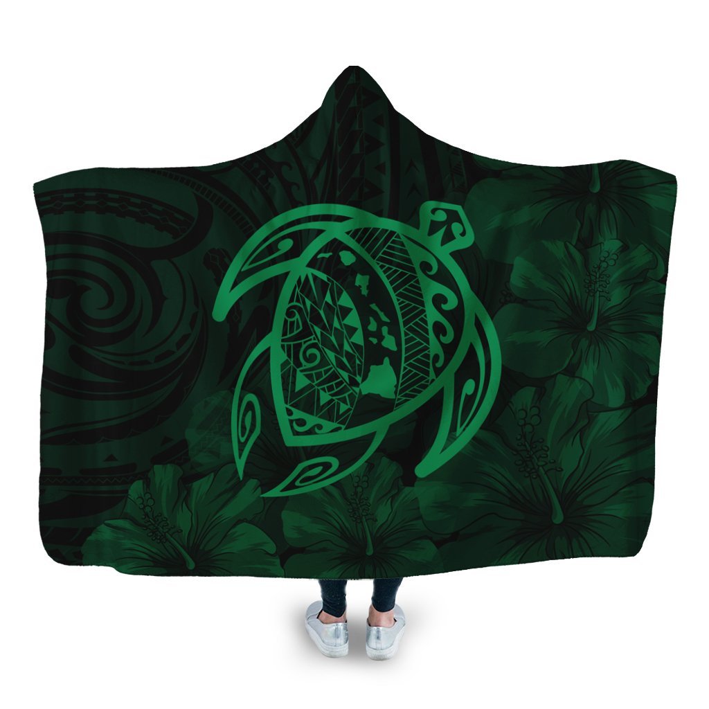 Hawaiian Map Turtle Kanaka Hibiscus Polynesian Hooded Blanket - Green - AH Hooded Blanket White - Polynesian Pride