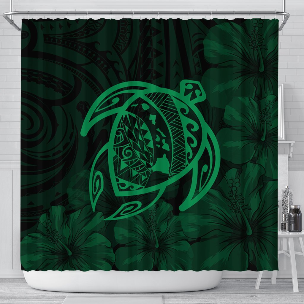 Hawaiian Map Turtle Kanaka Hibiscus Polynesian Shower Curtain - Green - AH 177 x 172 (cm) Black - Polynesian Pride