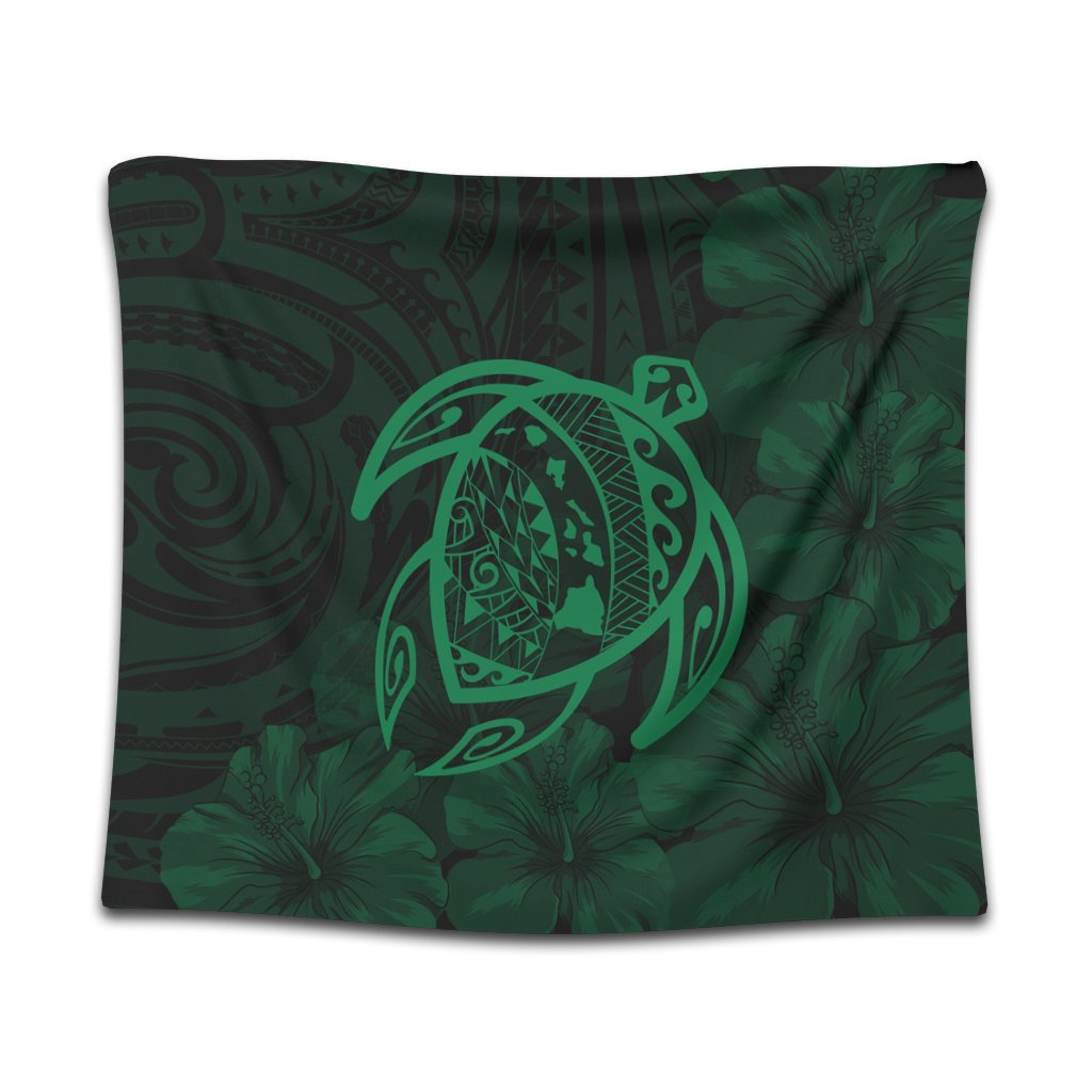 Hawaiian Map Turtle Kanaka Hibiscus Polynesian Tapestry - Green - AH Wall Tapestry Black - Polynesian Pride