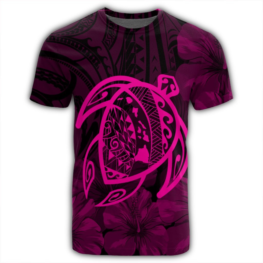 Hawaiian Map Turtle Kanaka Hibiscus Polynesian T Shirt Pink - Polynesian Pride