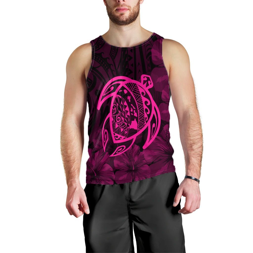 Hawaiian Map Turtle Kanaka Hibiscus Polynesian Tank Top - Pink - AH Black - Polynesian Pride