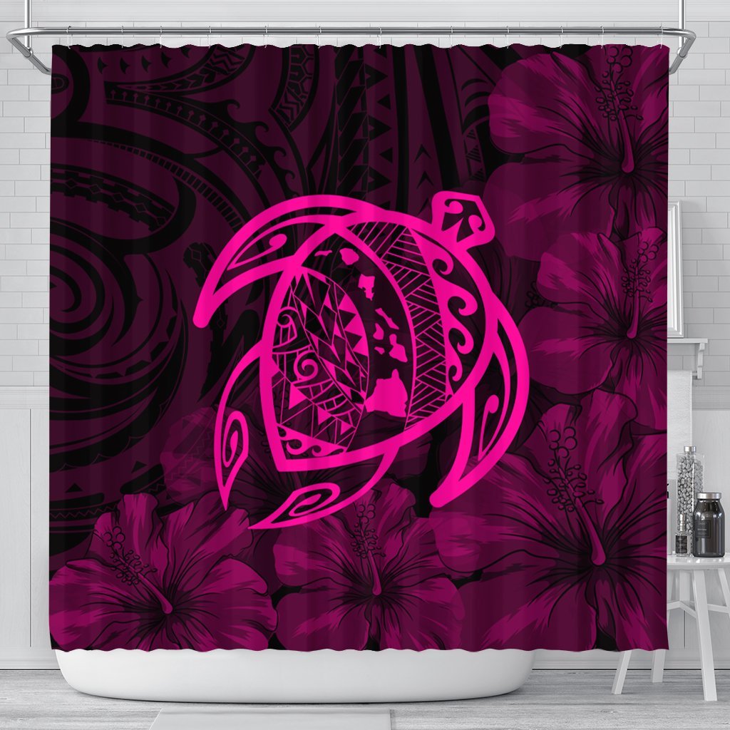 Hawaiian Map Turtle Kanaka Hibiscus Polynesian Shower Curtain - Pink - AH 177 x 172 (cm) Black - Polynesian Pride