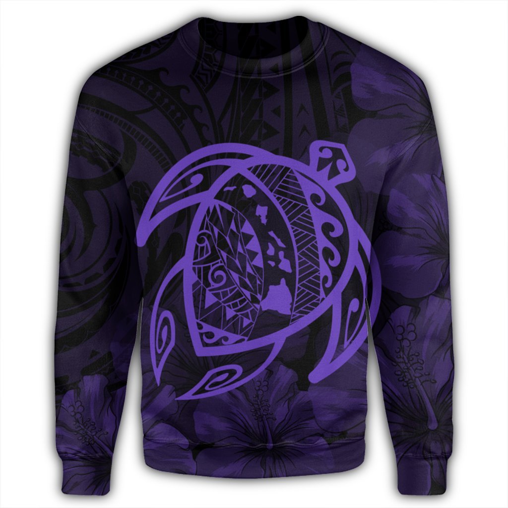 Hawaiian Map Turtle Kanaka Hibiscus Polynesian Sweatshirt - Purple - AH - Polynesian Pride