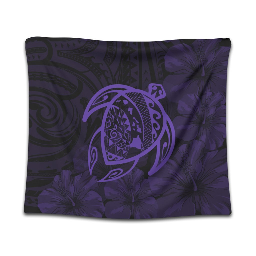 Hawaiian Map Turtle Kanaka Hibiscus Polynesian Tapestry - Purple - AH Wall Tapestry Black - Polynesian Pride