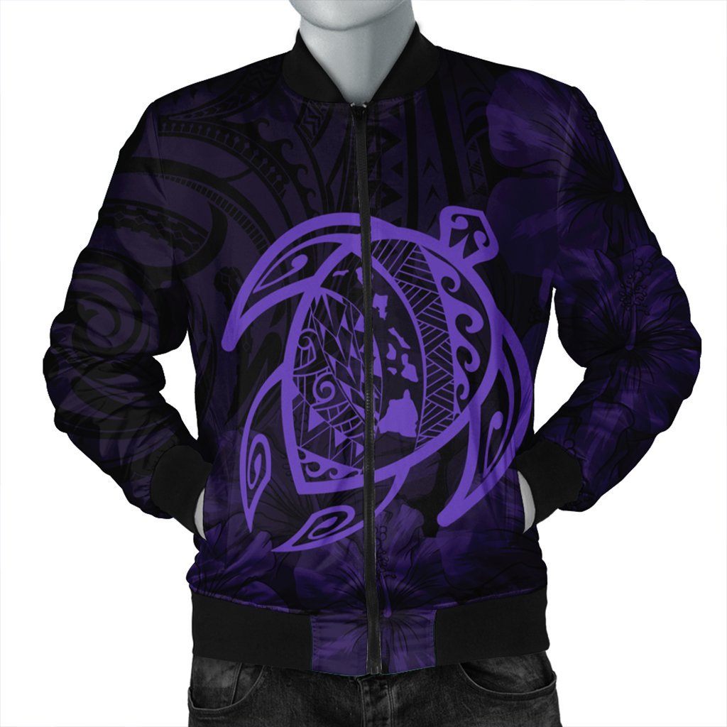 Hawaiian Map Turtle Kanaka Hibiscus Polynesian Bomber Jacket - Purple - AH Black Unisex - Polynesian Pride