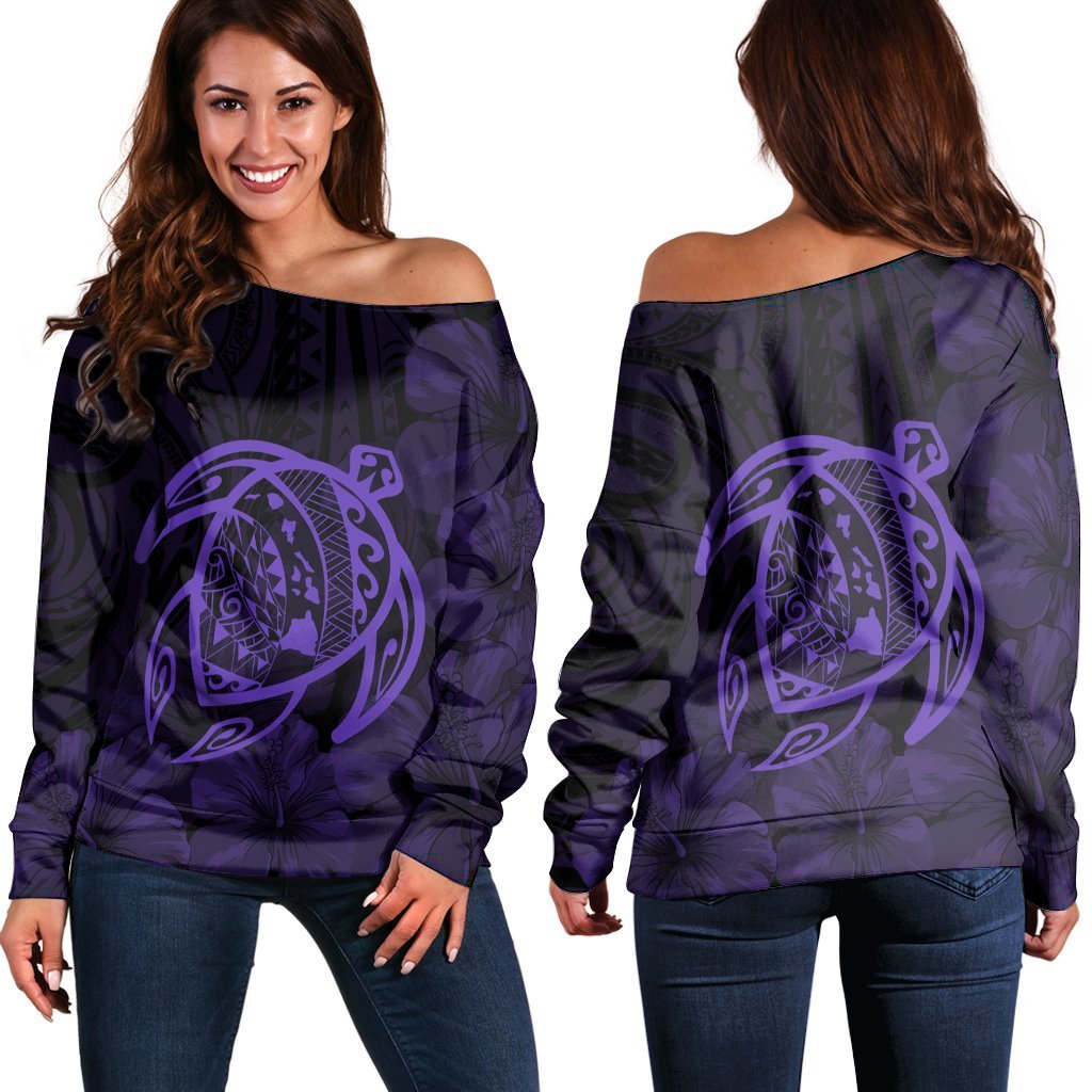 Hawaiian Map Turtle Kanaka Hibiscus Polynesian Women's Off Shoulder Sweater - Purple - AH Black - Polynesian Pride