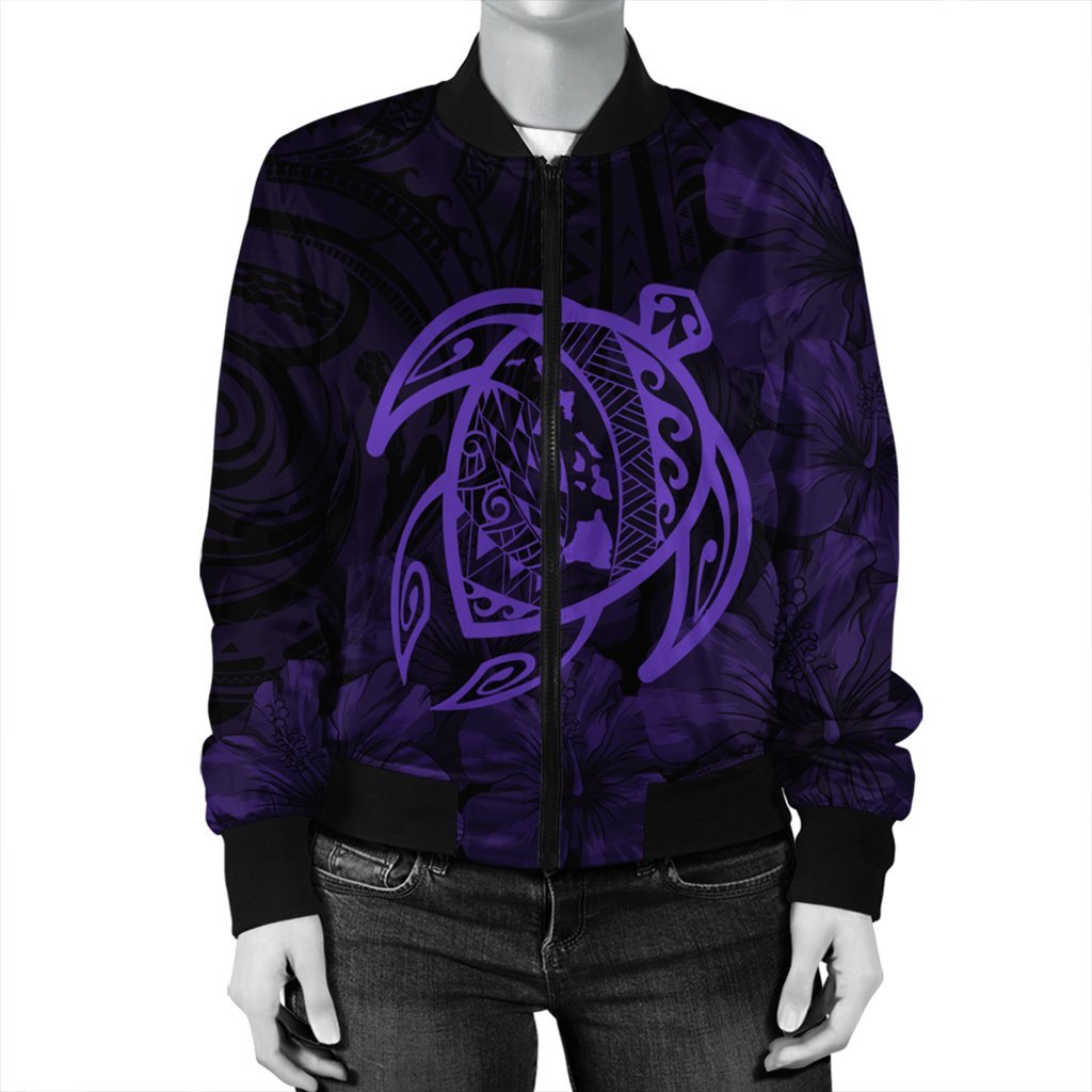 Hawaiian Map Turtle Kanaka Hibiscus Polynesian Bomber Jacket - Purple - AH - Polynesian Pride