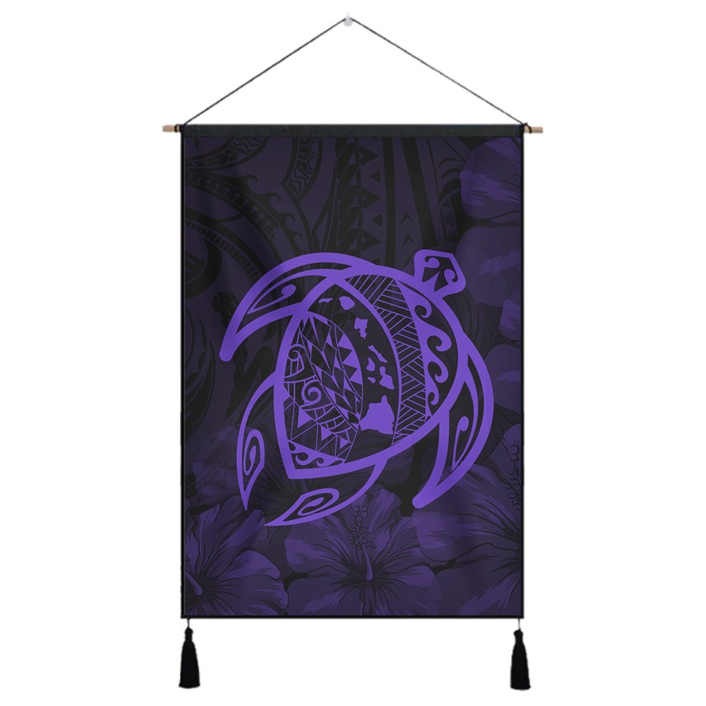 Hawaiian Map Turtle Kanaka Hibiscus Polynesian Hanging Poster - Purple - AH Hanging Poster Cotton And Linen - Polynesian Pride