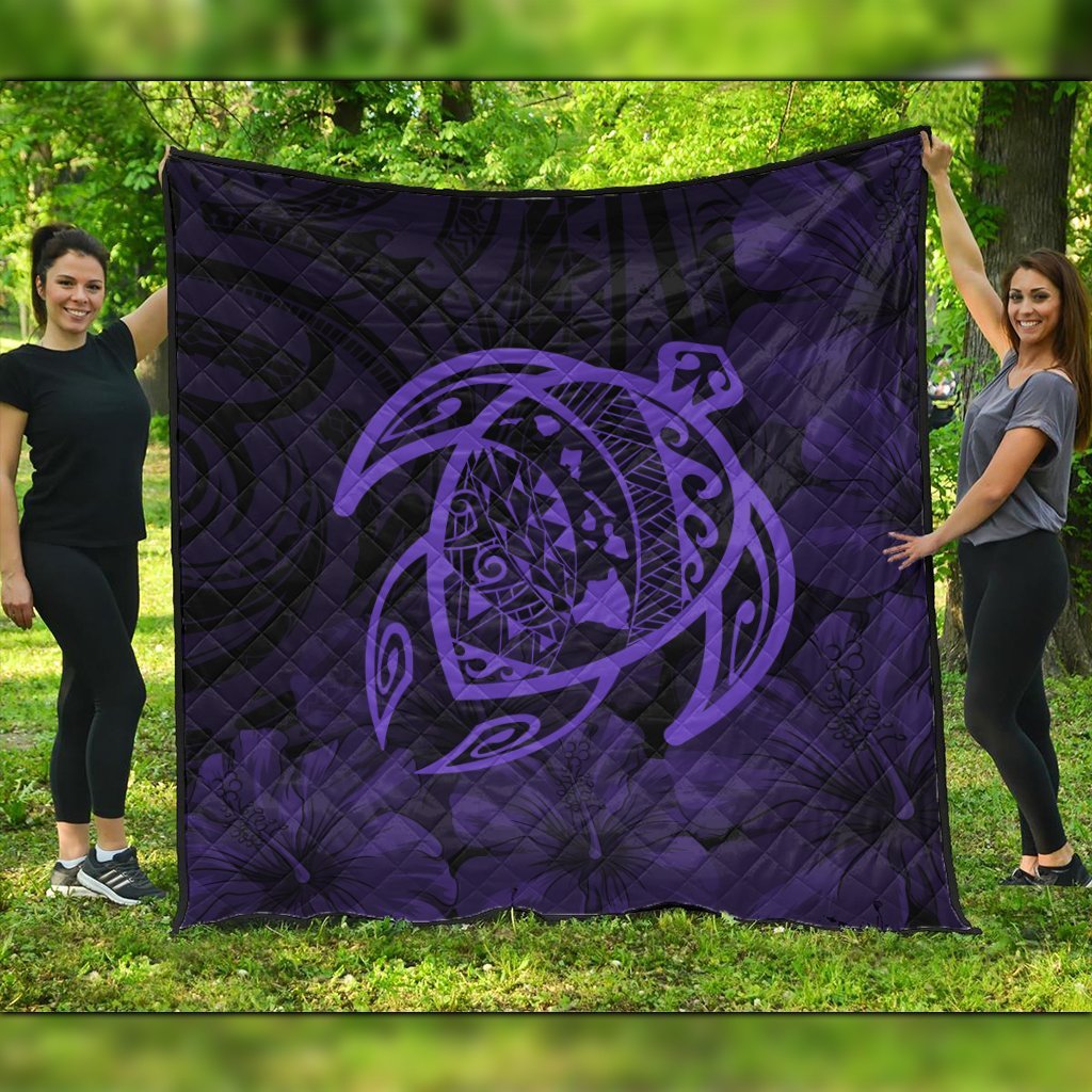 Hawaiian Map Turtle Kanaka Hibiscus Polynesian Premium Quilts - Purple - AH Black - Polynesian Pride