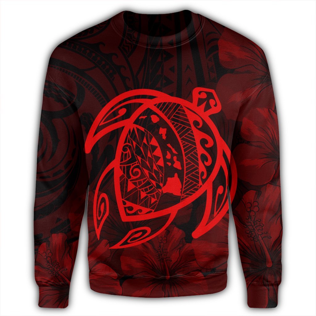 Hawaiian Map Turtle Kanaka Hibiscus Polynesian Sweatshirt - Red - AH - Polynesian Pride