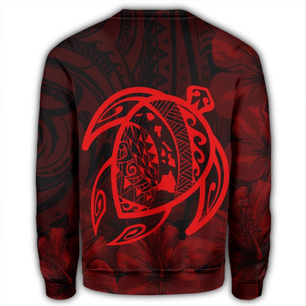 Hawaiian Map Turtle Kanaka Hibiscus Polynesian Sweatshirt - Red - AH - Polynesian Pride