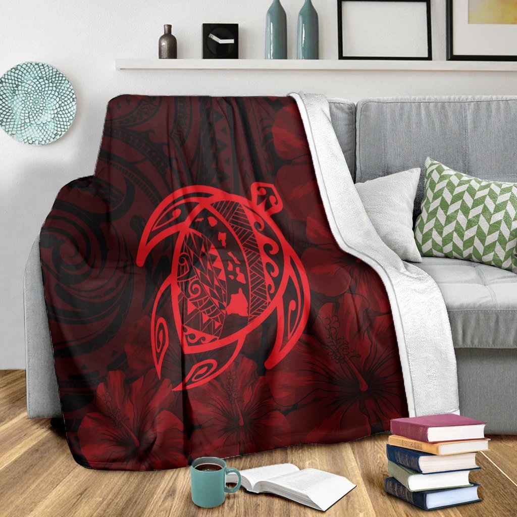 Hawaiian Map Turtle Kanaka Hibiscus Polynesian Premium Blankets - Red - AH - Polynesian Pride