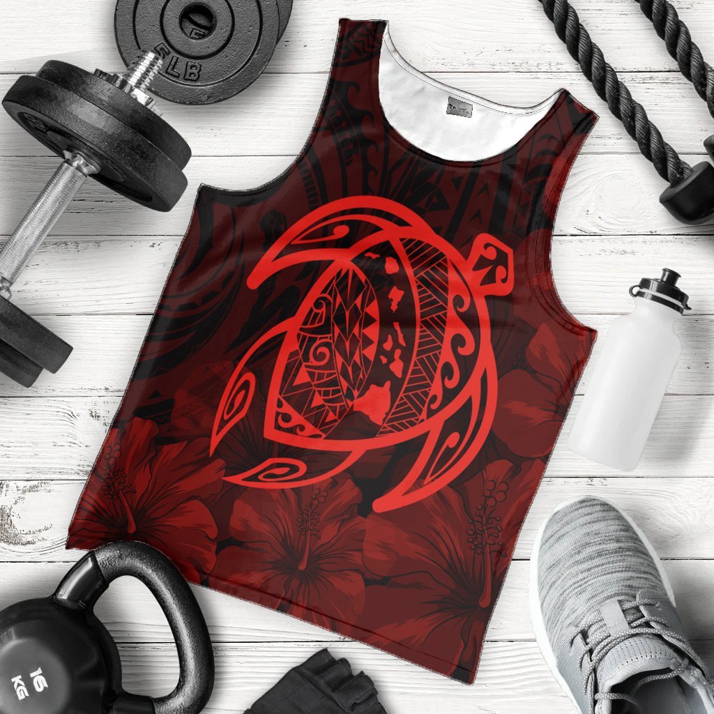 Hawaiian Map Turtle Kanaka Hibiscus Polynesian Tank Top - Red - AH - Polynesian Pride