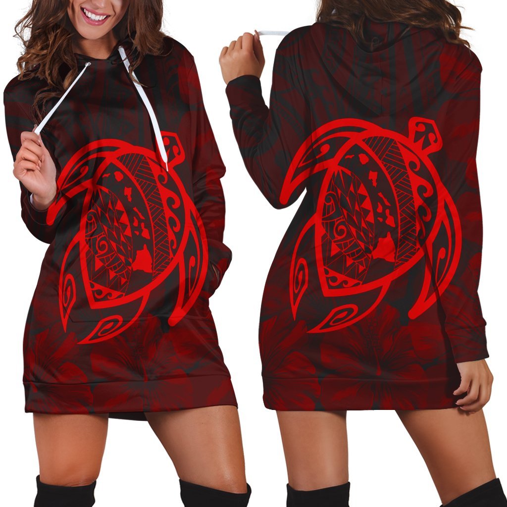 Hawaiian Map Turtle Kanaka Hibiscus Polynesian Hoodie Dress - Red - AH Black - Polynesian Pride