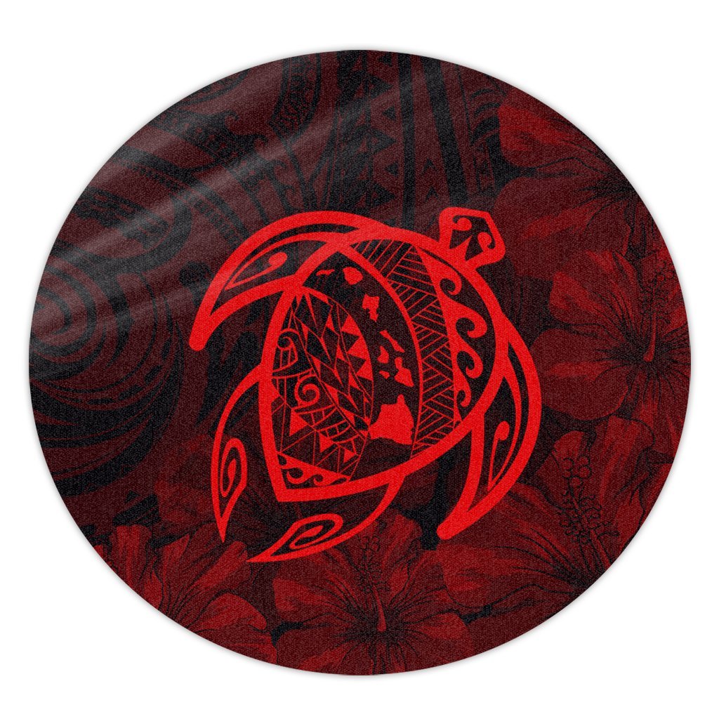 Hawaiian Map Turtle Kanaka Hibiscus Polynesian Round Carpet - Red - AH Round Carpet Luxurious Plush - Polynesian Pride