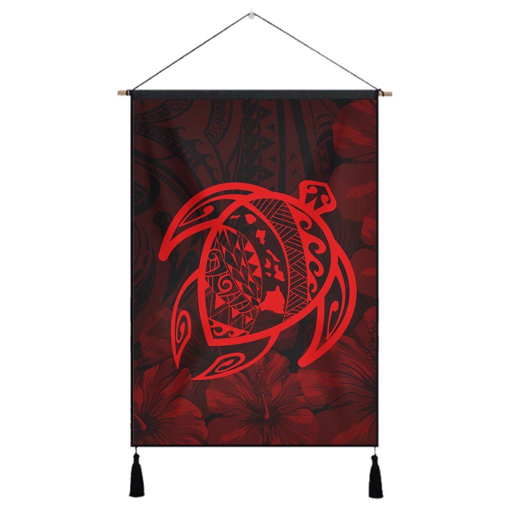 Hawaiian Map Turtle Kanaka Hibiscus Polynesian Hanging Poster - Red - AH Hanging Poster Cotton And Linen - Polynesian Pride