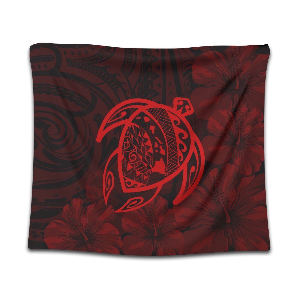 Hawaiian Map Turtle Kanaka Hibiscus Polynesian Tapestry - Red - AH Wall Tapestry Black - Polynesian Pride